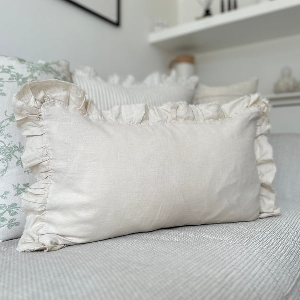 Rectangle Cream Ruffled Edge Linen Cushion 50x30cm