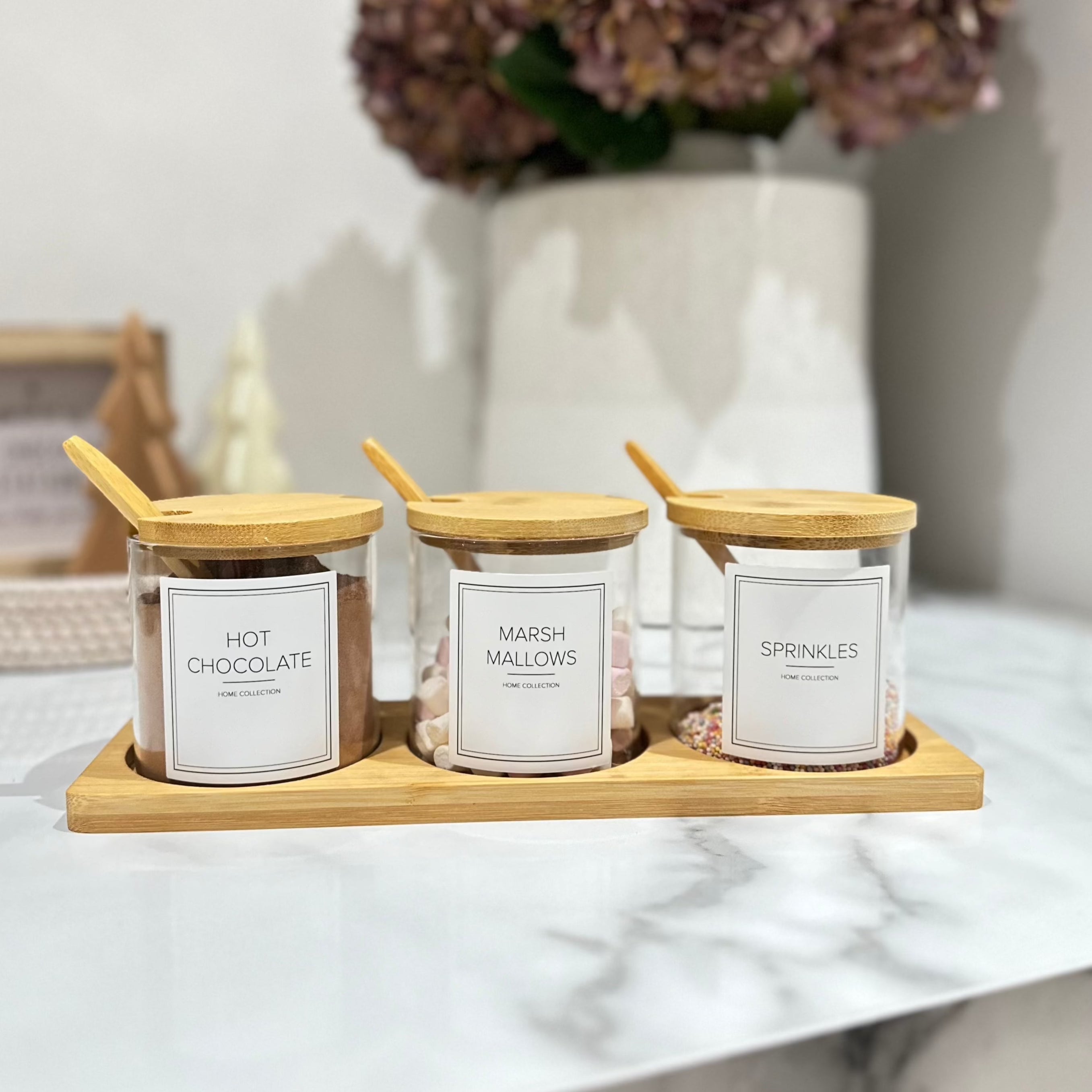 SQUARE GLASS JAR TRIO with BAMBOO LIDS and VINYL LABELS (with