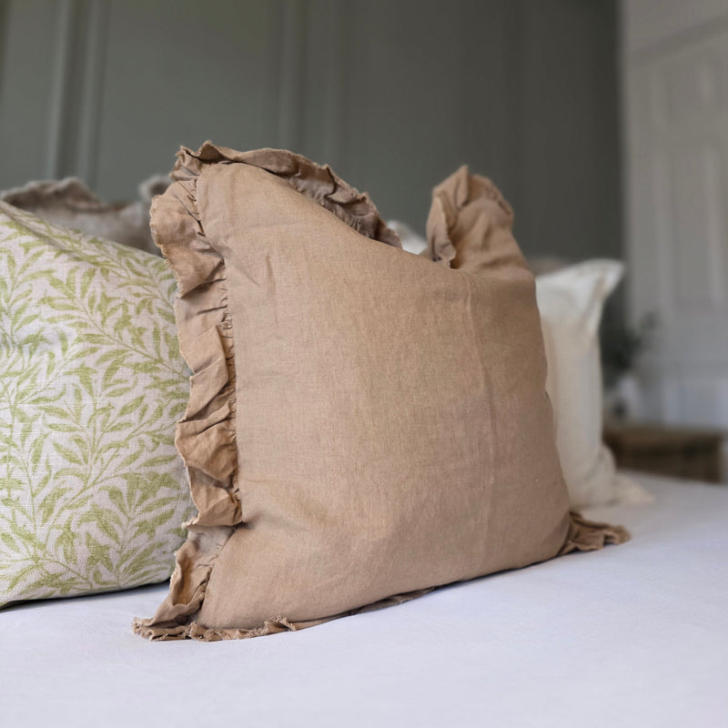 Ruffled Edge Brown Square Linen Cushion 45x45cm