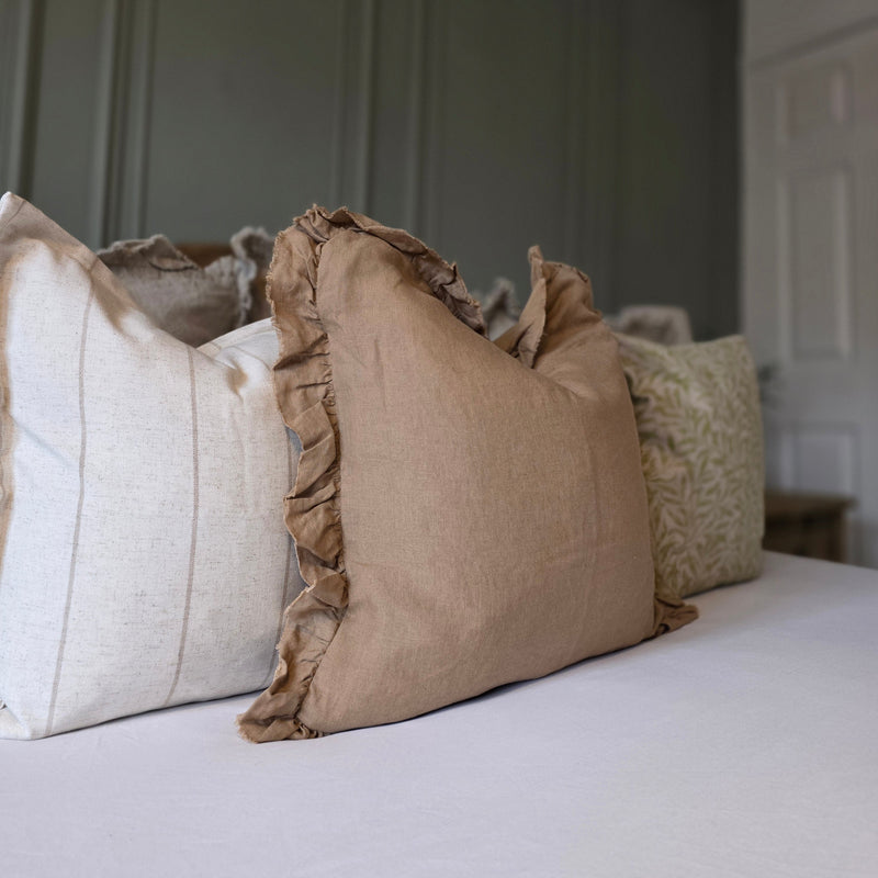 Ruffled Edge Brown Square Linen Cushion 45x45cm