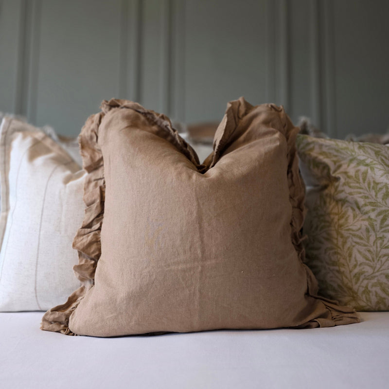 Ruffled Edge Brown Square Linen Cushion 45x45cm