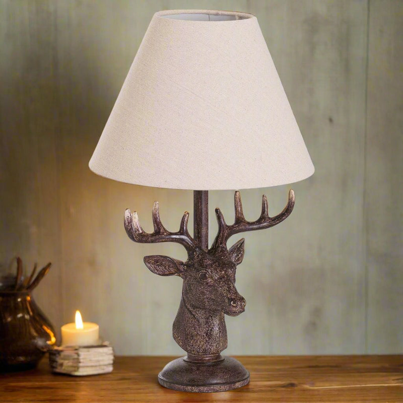 Stag Head Table Lamp With Linen Shade