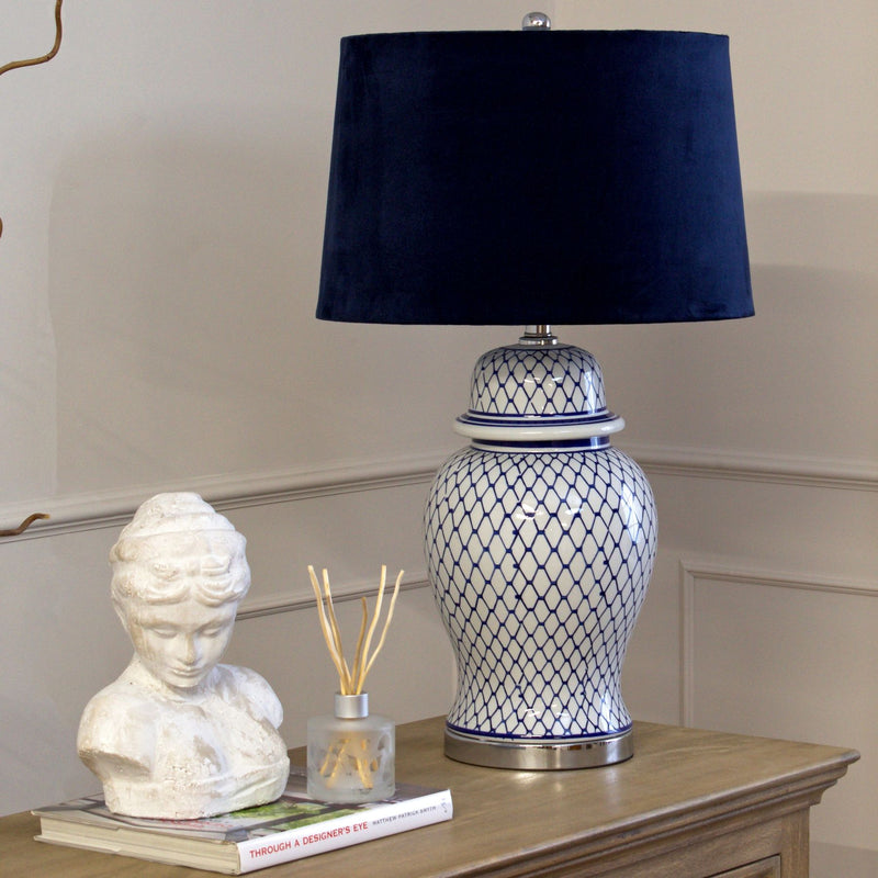 Ananya Blue And White Ceramic Lamp With Blue Velvet Shade