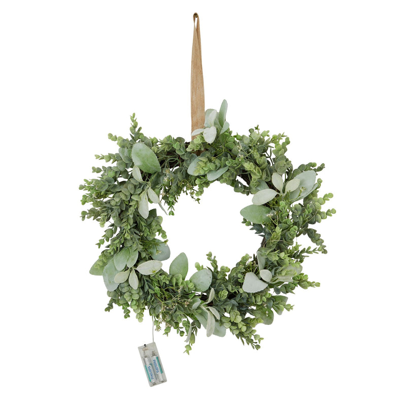 Frosty Elegance LED Wreath with Eucalyptus and Lamb's Ear
