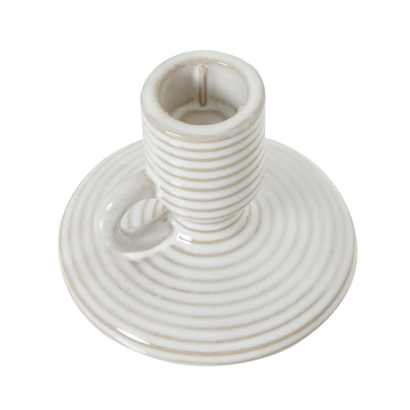 Ceramic Taper Neutral Stripe Candle Stick Holder With Handle