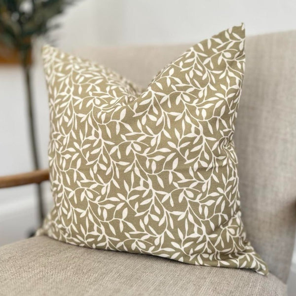 Olive Green & Cream Leaf Print Square Cotton Cushion