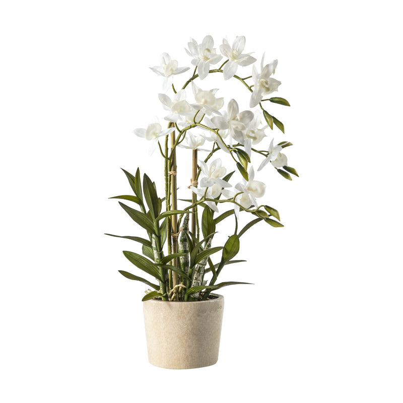 Artificial white orchid inside a cream ceramic pot