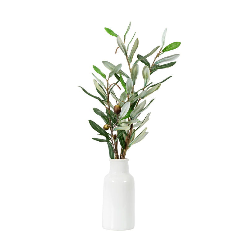 "White Vase with Lifelike Olive Stems" - a captivating and elegant arrangement. Picture a short, glossy white vase with realistic olive stems inside, all set against a pristine white backdrop. Experience the simplicity and beauty of nature in this visually striking image.