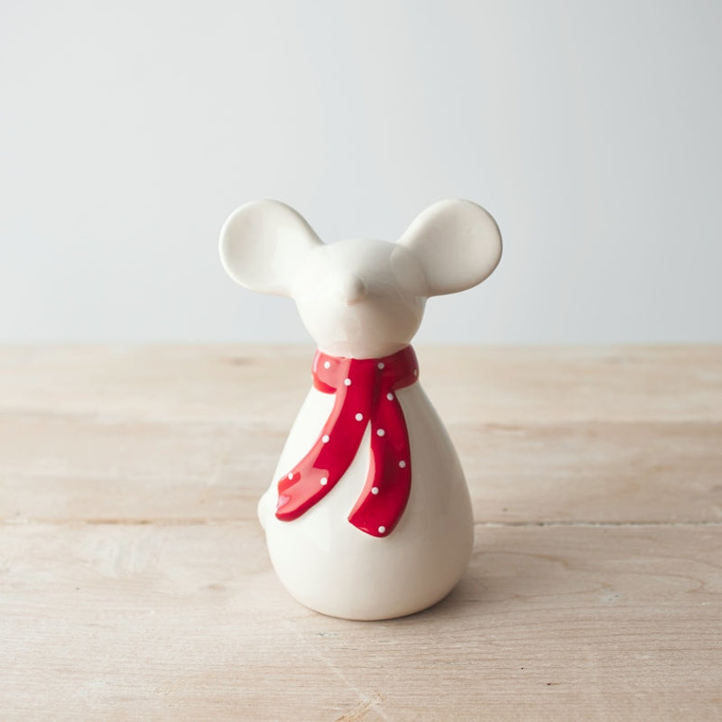 Ceramic White Mouse with Red Dolka Dot Scarf Ornament