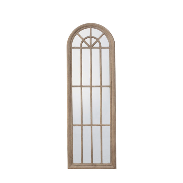 oak wood coloured arched window like mirror on a plain white background for contrast