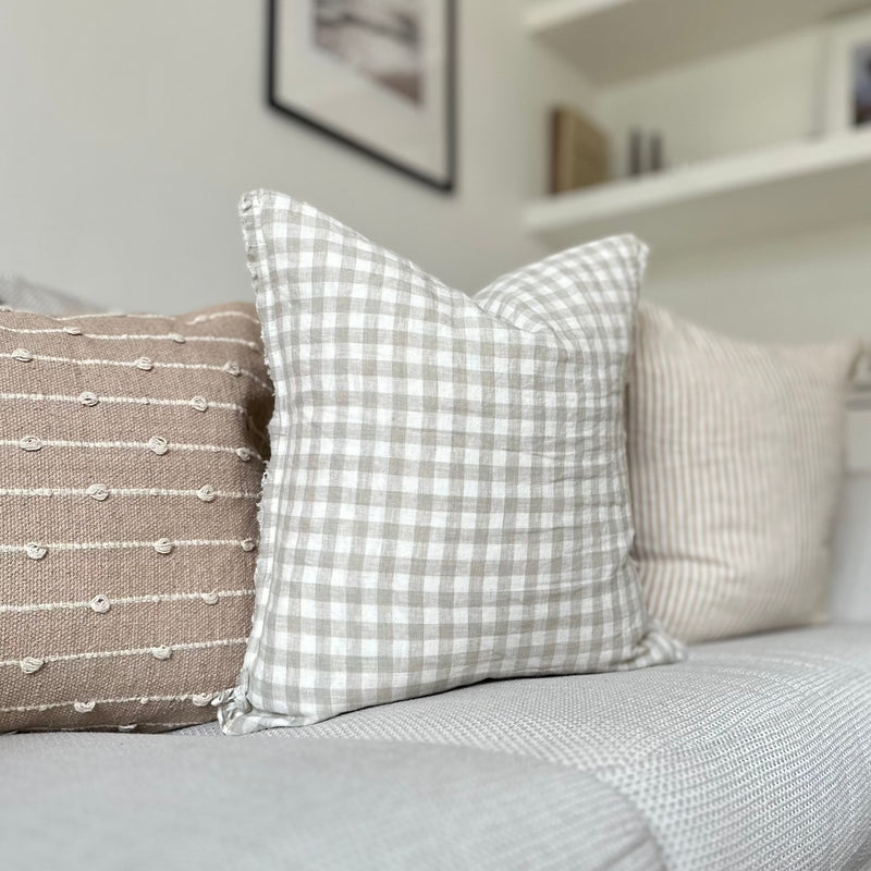 Weathered Edge Beige Gingham Linen Cushion 45 x 45cm