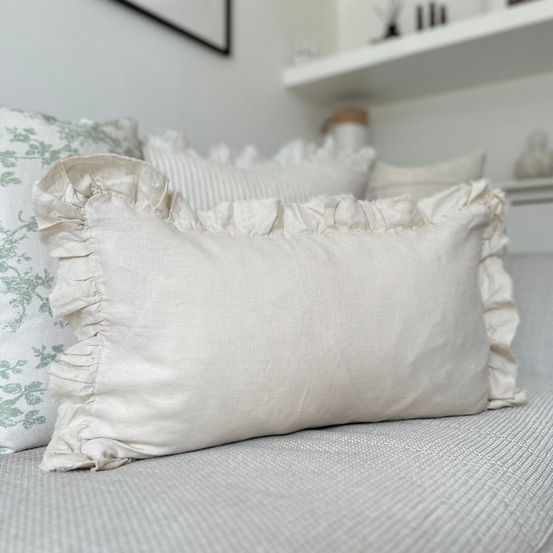 Rectangle Cream Ruffled Edge Linen Cushion 50x30cm