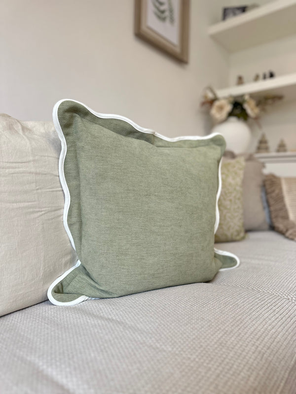 Sage Green Scalloped Edge Cushion 45x45cm