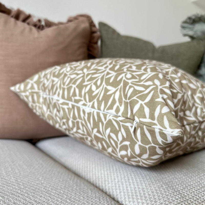 Olive Green Cream Leaf Print Square Cotton Cushion Kath Kin