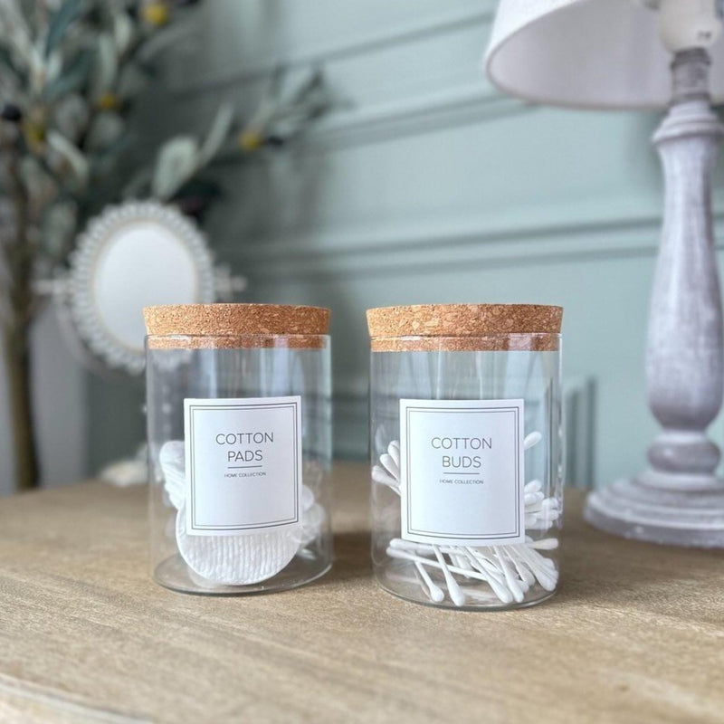 Set of 2 Cotton Bud & Cotton Pad Clear Glass Jars with Cork Lid