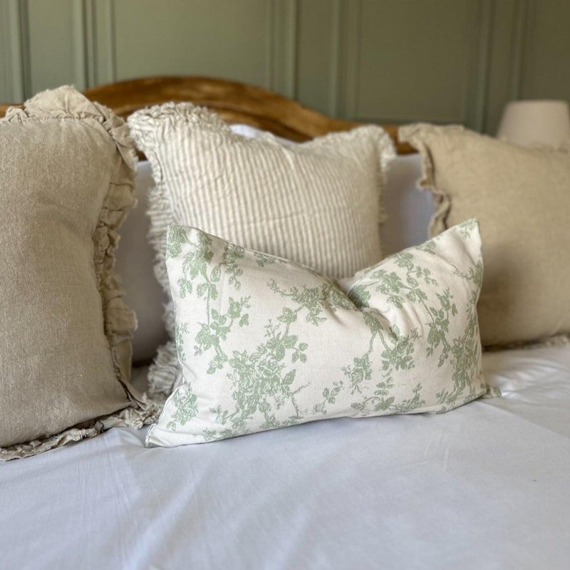 Rectangle Cream and Sage Floral Cushion 50x30cm