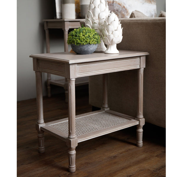 Wooden whitewash Side Table with a rattan bottom shelf