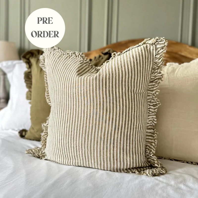 Ruffled Linen Cream and Olive Chunky Stripe