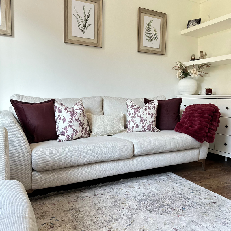 Set of 5 Plum and cream cushions with our luxury plum print cushion incorporated for a cohesive look