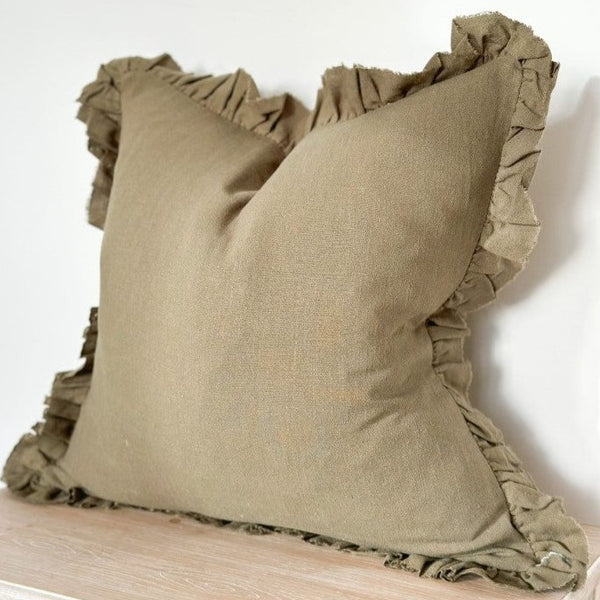Square Ruffled Edge Olive Linen Cushion 45x45cm