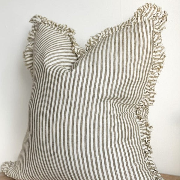 Ruffled Linen Cream and Olive Chunky Stripe
