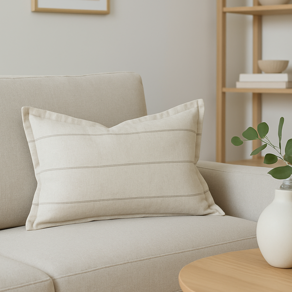 Beige sofa with a decorative pillow in a living room setting.