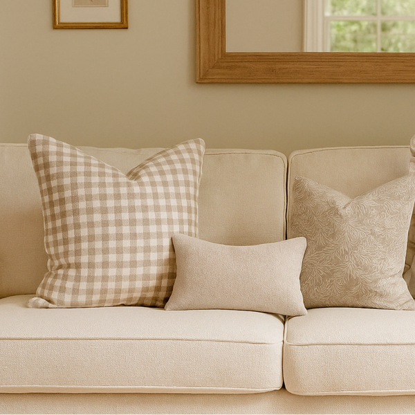 Square linen cream and beige gingham cushion sat on a cream sofa in an English country style home