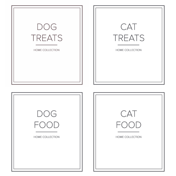 4 Individual white dog treat label and cat treat, Dog Food and Cat Food label with 2 thin black boarder lines around each label and text in thin capital font central to the label.