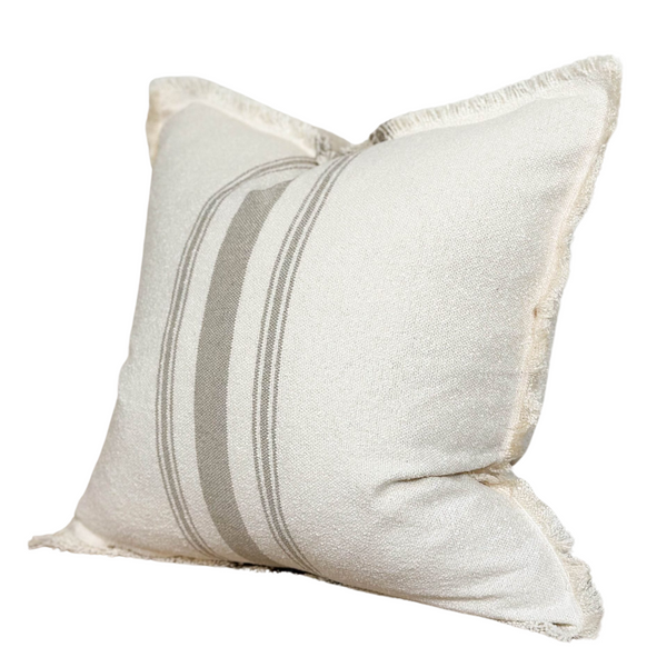 Cream Cushion with Greige Stripe with Frayed Edge 45x45cm