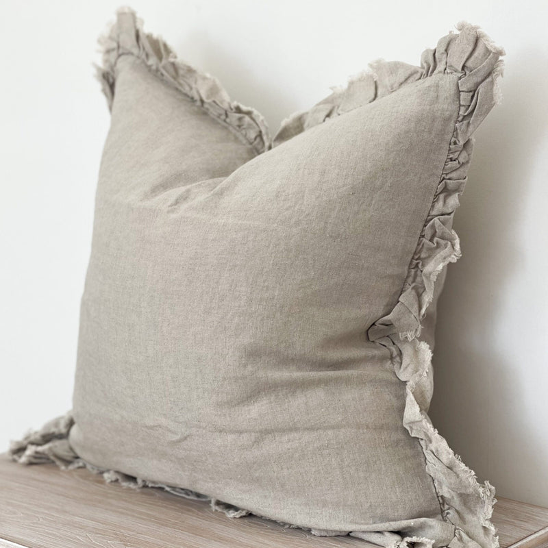 Ruffled Beige Linen Square Cushion 45×45cm
