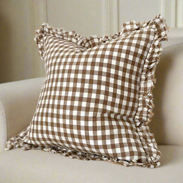 Ruffled Edge Brown Gingham Cushion 45x45cm