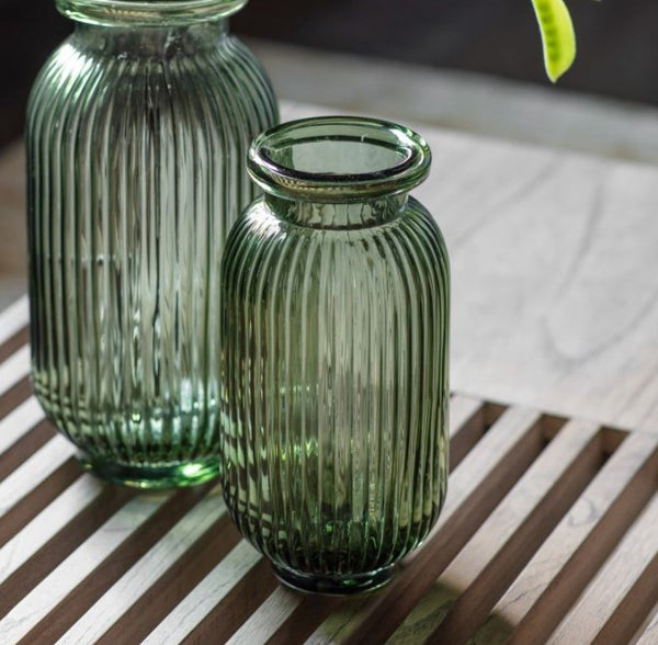 Green Glass Ribbed Vase (Small)