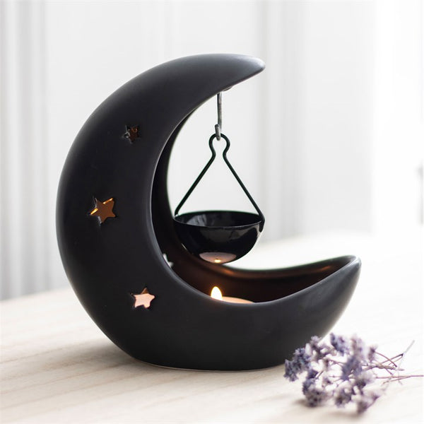 Black Ceramic Moon and Stars Hanging Oil Burner