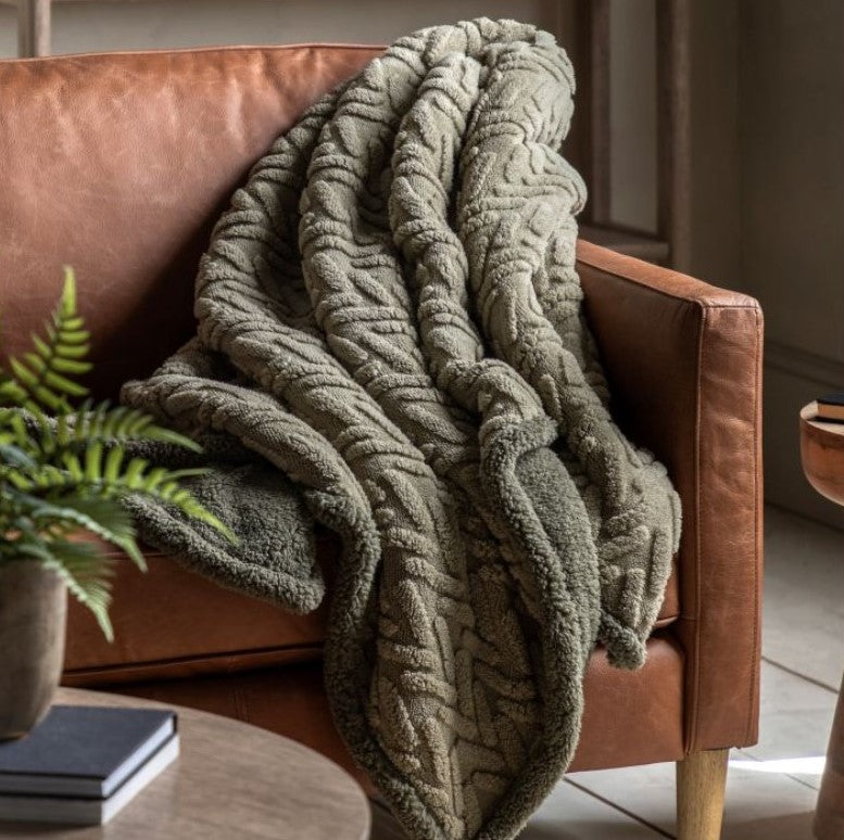 Herringbone Green Sherpa Throw