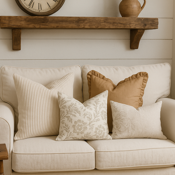 ruffled edge brown linen cushion sat in a rustic farmhouse style living room on a cream sofa