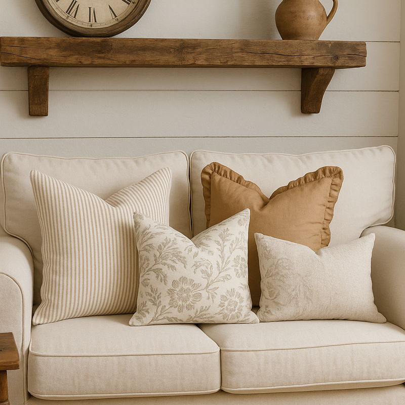 ruffled edge brown linen cushion sat in a rustic farmhouse style living room on a cream sofa