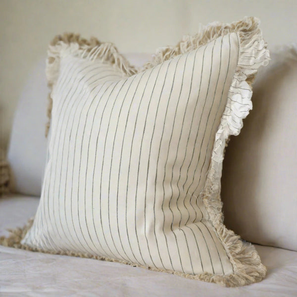 Ruffled Cream Cushion with Olive Pinstripe Stripe