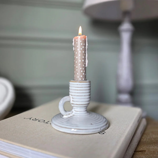 Ceramic Taper Neutral Stripe Candle Stick Holder With Handle