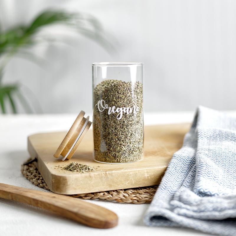 Glass spice jars with custom personalised wording and bamboo airtight sealed lids