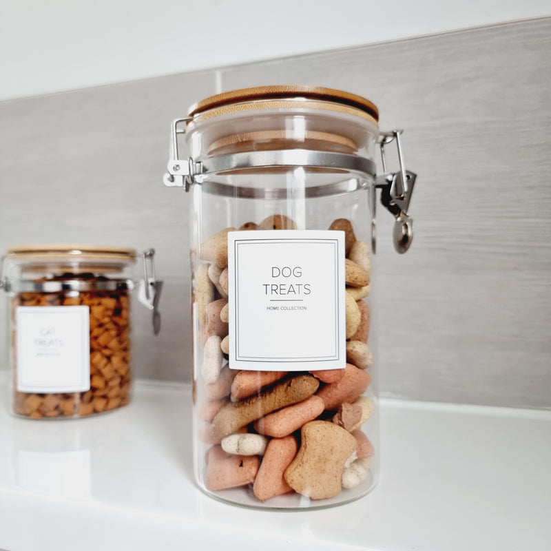 White square label with "Dog Treats" written in thin capital black font on a clear jar with dog treats inside 