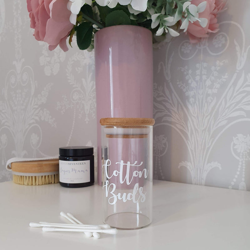 A Smaller Labelled Glass Jar with Bamboo Lid, with custom personalised wording on the face of the glass.