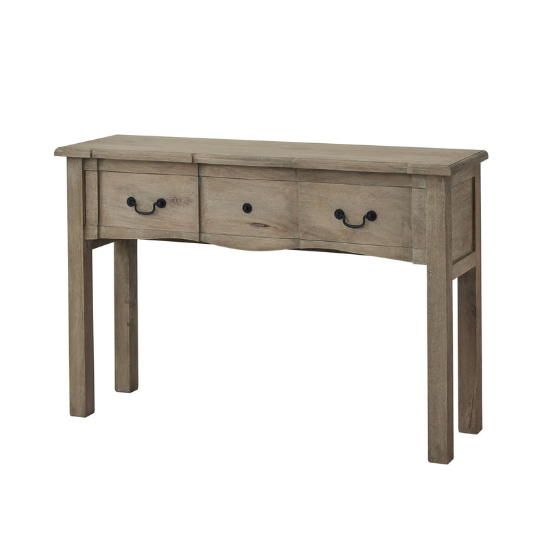 wooden console table with 2 drawers at the top. With black handles. Sat on a plain white background for contrast.