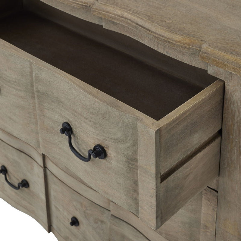 close up of the wooden drawer open. displaying the depth of the internal drawer