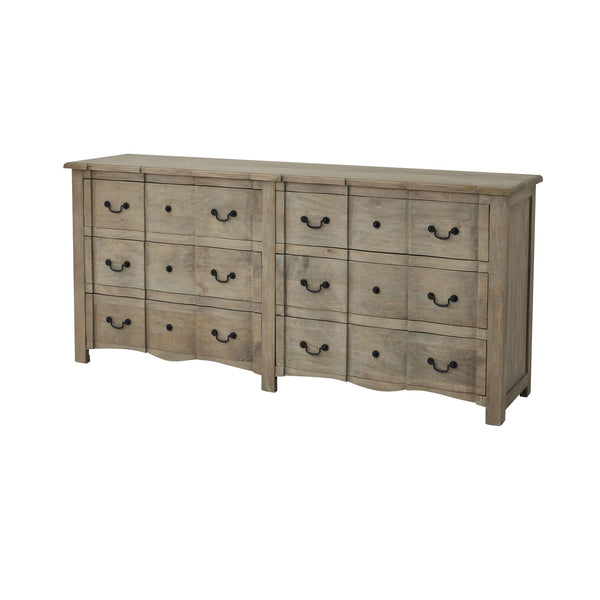 wooden chest of 6 drawer. Bleach washed light brown wooden chest with 2 black metal handles at each side of every drawer. 