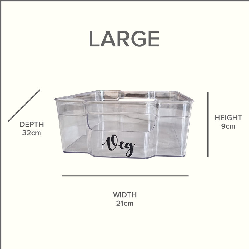 large fridge trays displaying dimensions. 21cm width, 9cm height,32cm depth