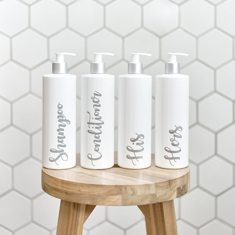 Four 500ml white and silver reusable dispenser pump bottles with custom personalised silver wording, for Shampoo, Conditioner, His and Hers