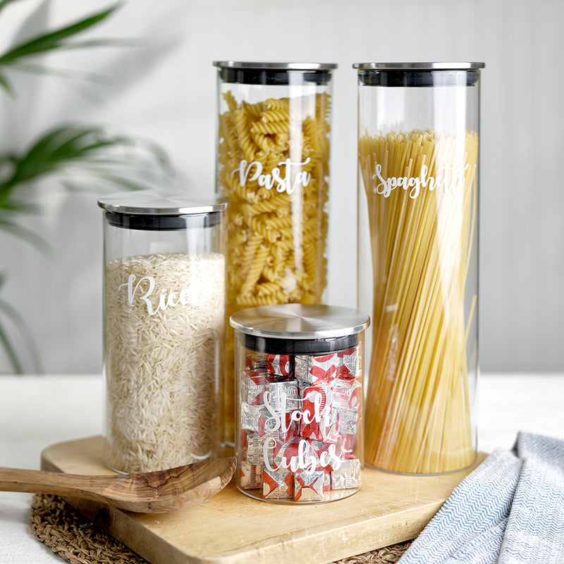 Glass Jar with Stainless Steel lid of varying sizes, with labels for pasta, spaghetti, rice, and stock cubes