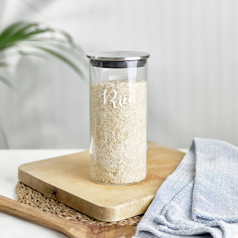 Glass Jar with Stainless Steel Lid with a label reading Rice