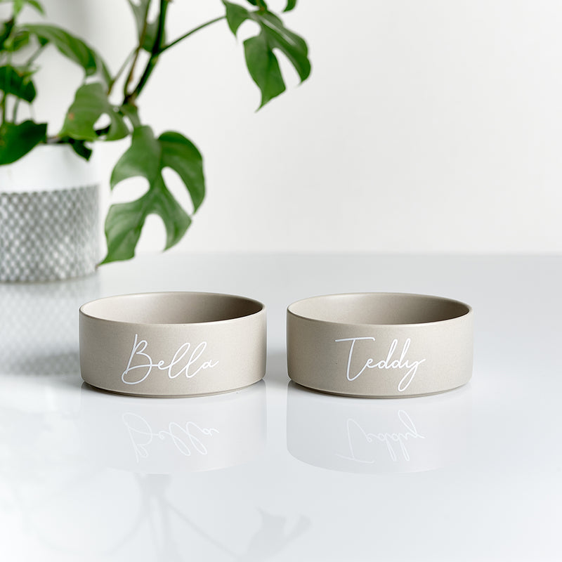 Custom personalised ceramic cat bowls with names with white wording