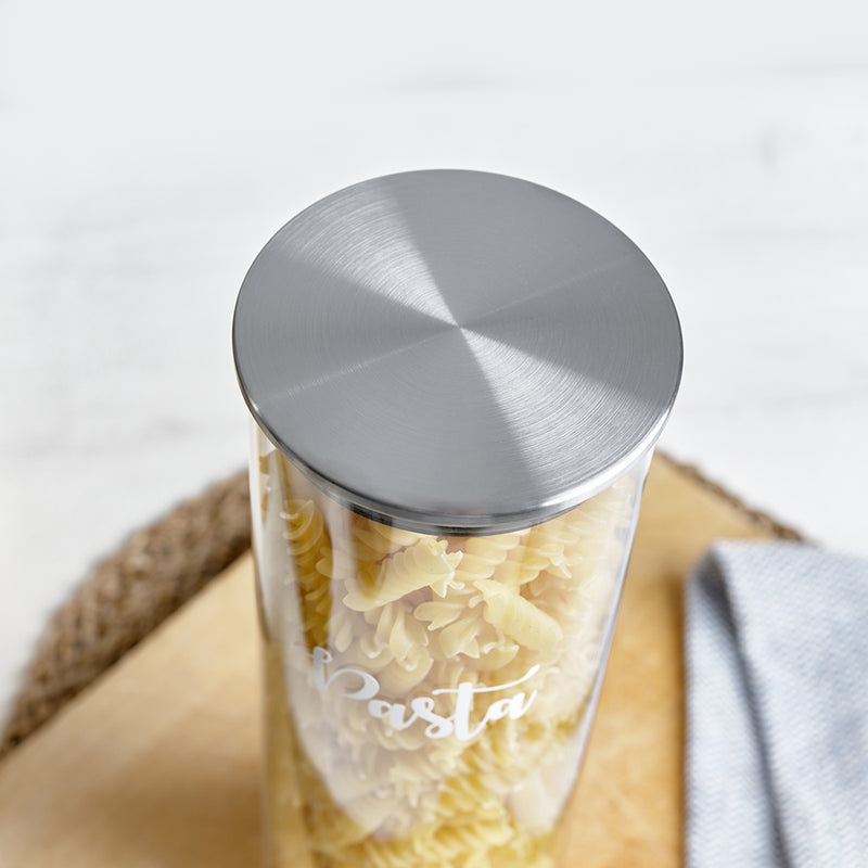 Tall Glass Jar with Stainless Steel Lid with a label reading pasta